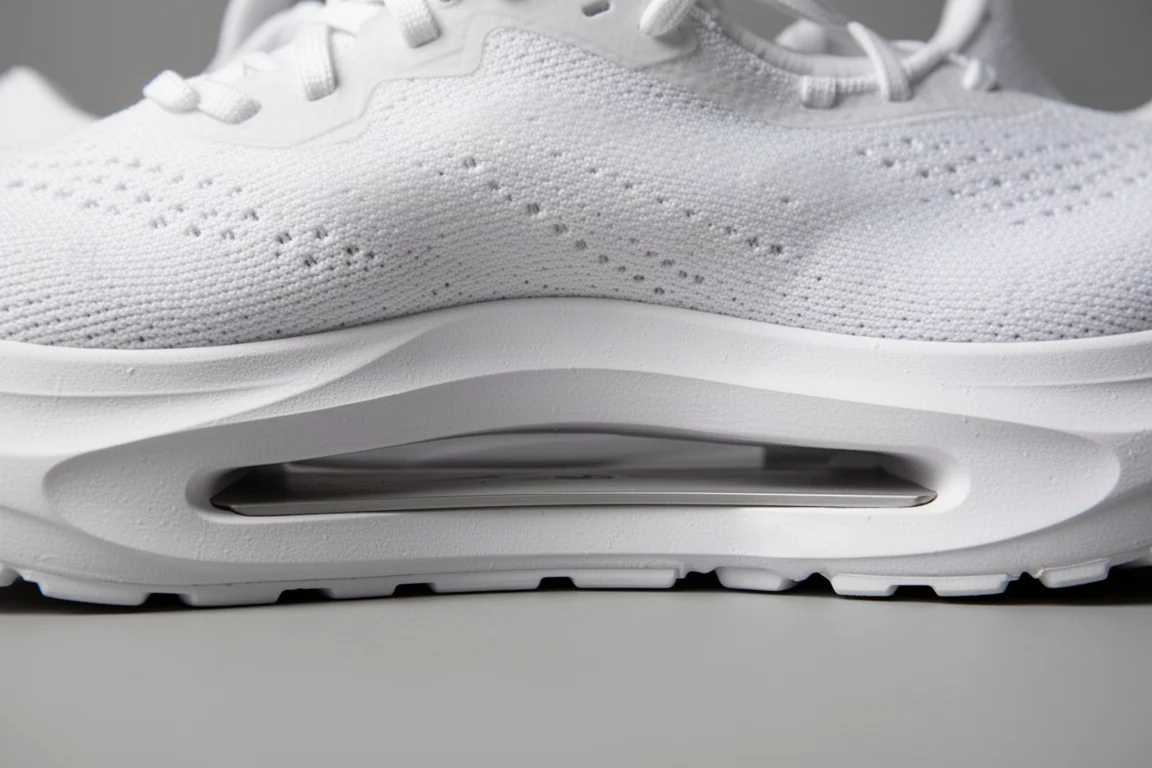 Close-up of a high-stack running shoe midsole showing a long outsole cutout
