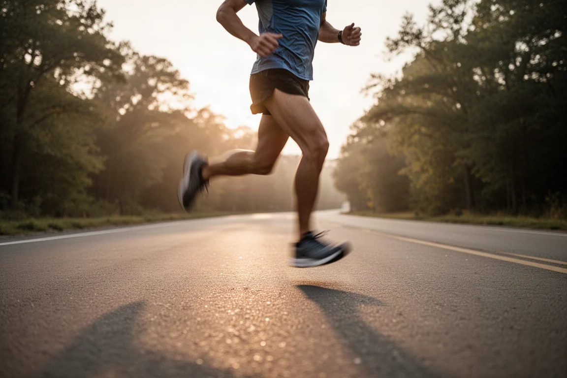 Runner easing into a tempo pace on an open road in soft morning light