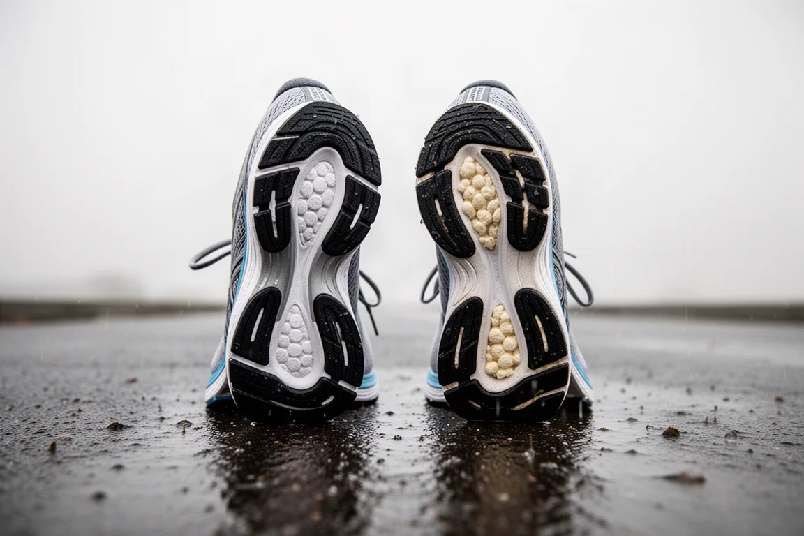 Side by side running shoes on wet pavement showing outsole coverage