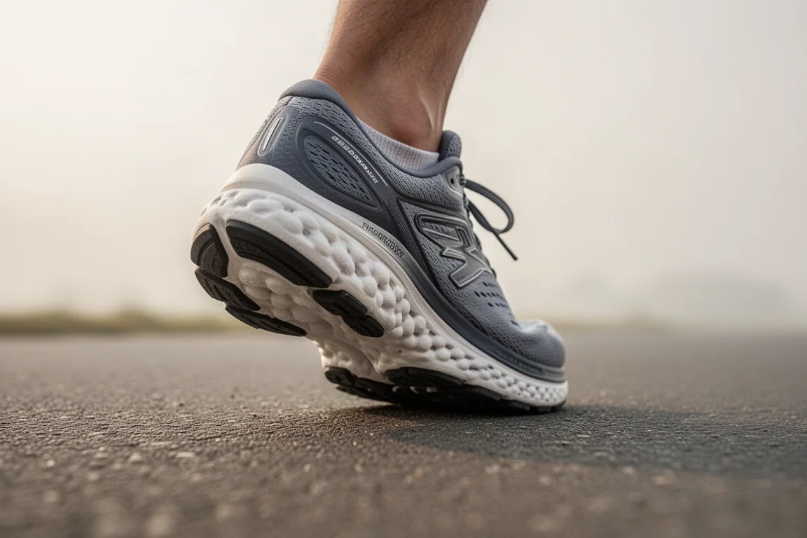 Pieds d'un coureur dans des entraîneurs à tige tricotée relax sur un chemin de parc