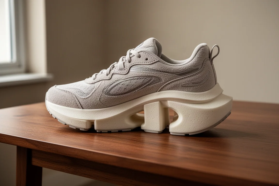 Semelle extérieure d'une chaussure de running montrant la couverture en caoutchouc et une découpe centrale