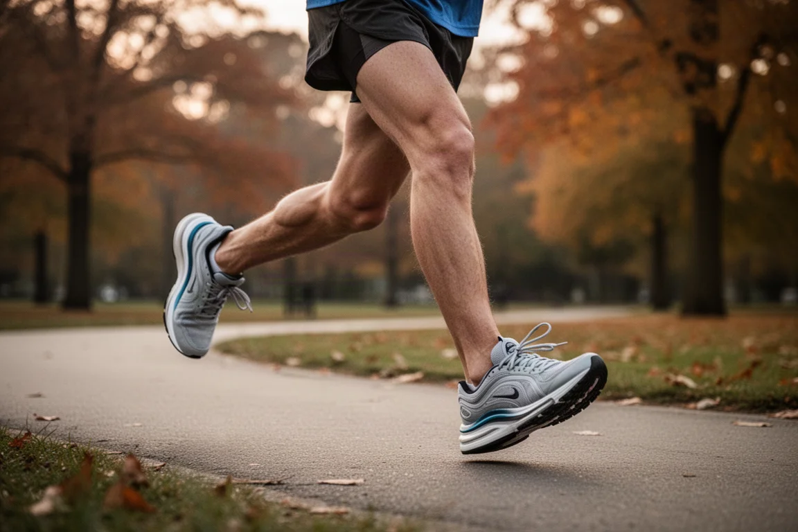 Coureur effectuant des répétitions en intervalles sur une piste d'athlétisme au crépuscule