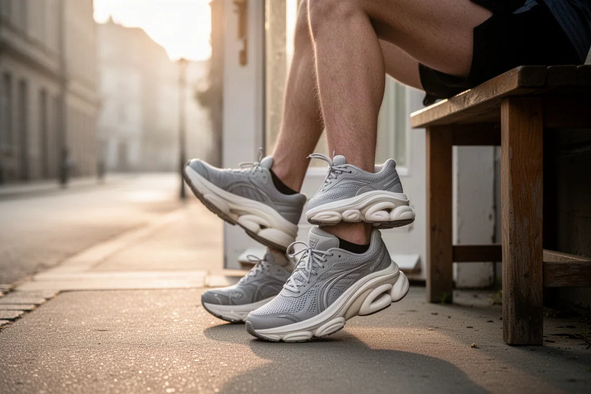 Un coureur lace une paire d'entraîneurs quotidiens à plaque avant une sortie facile
