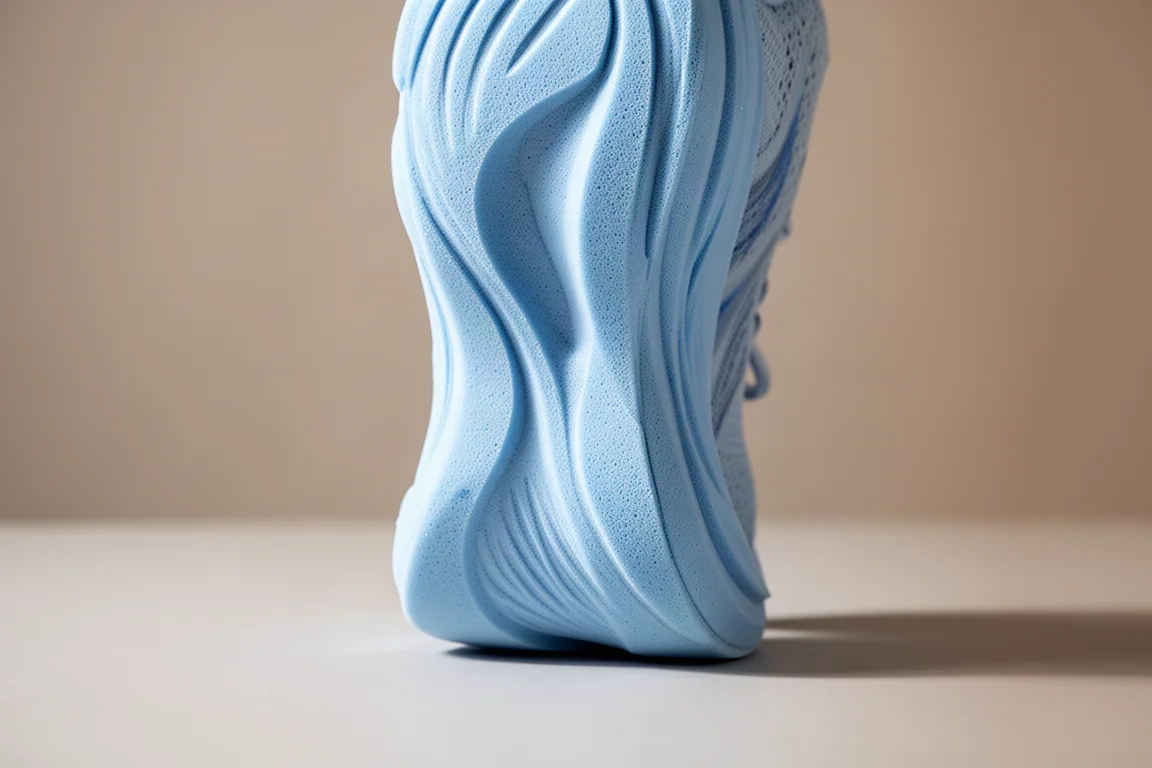 Gros plan sur une semelle intermédiaire sculptée montrant une mousse souple et rebondissante