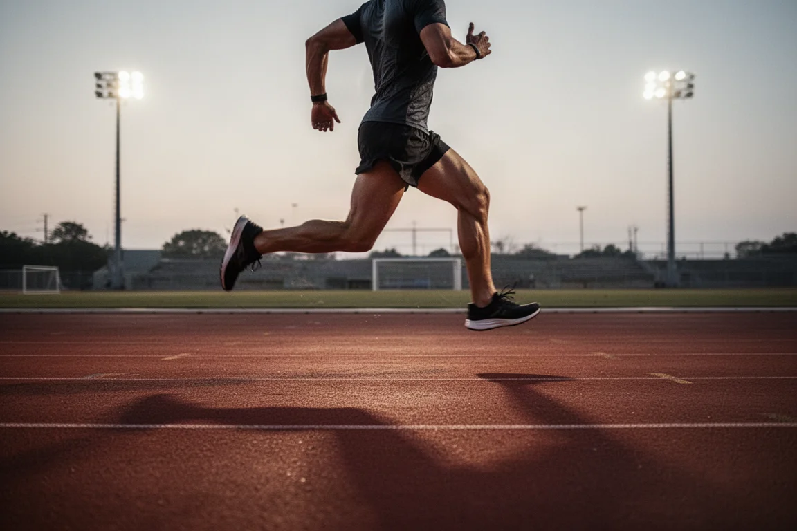 Un coureur s'engage sur une piste pour une séance de fractions rapide au crépuscule