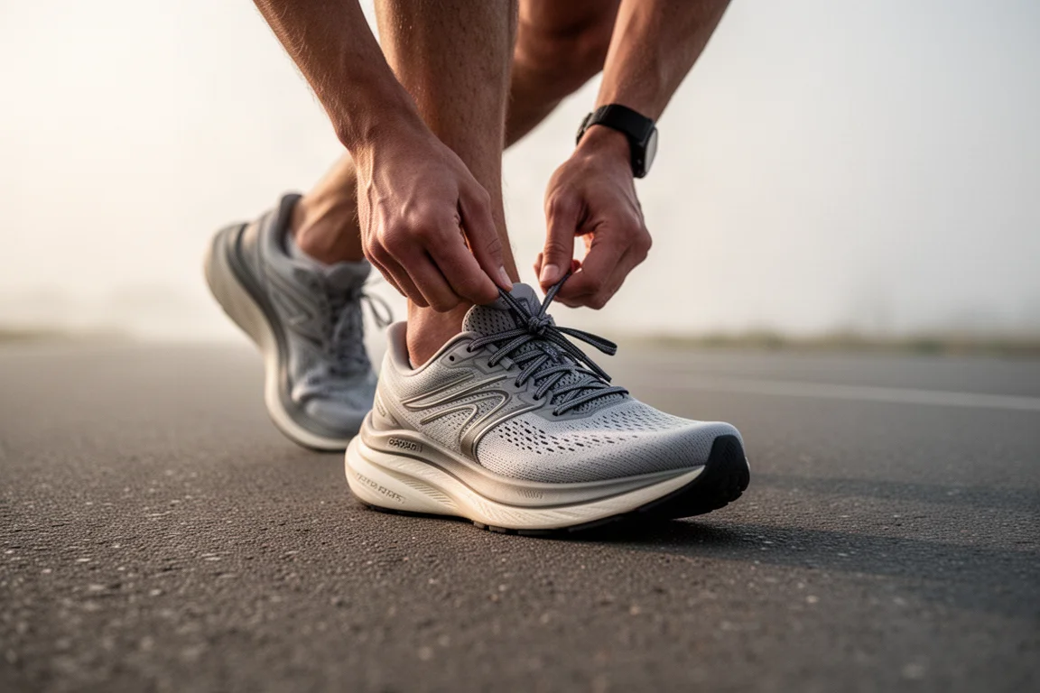 Un coureur lace une chaussure d'entraînement quotidienne très amortie dans une rue urbaine calme au lever du soleil