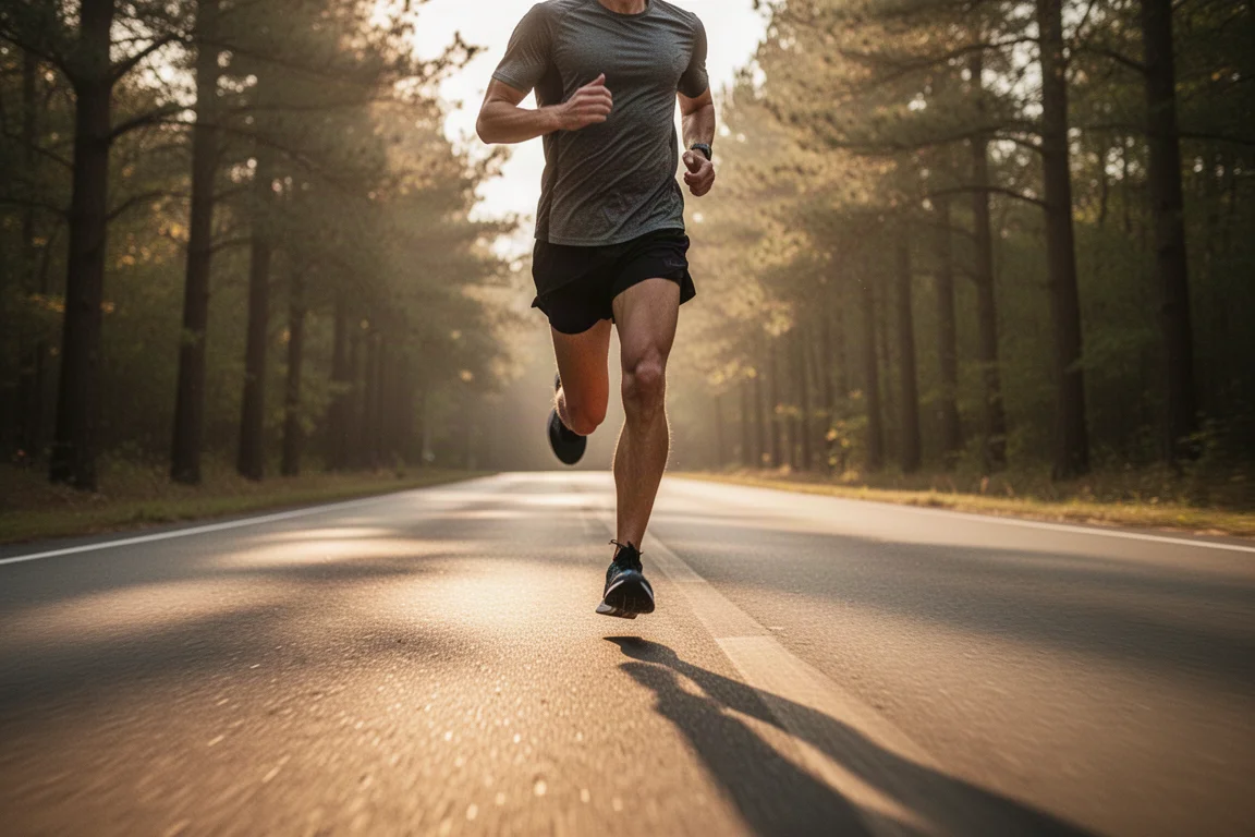 Un coureur accélère sur une route ouverte lors d'une séance de tempo