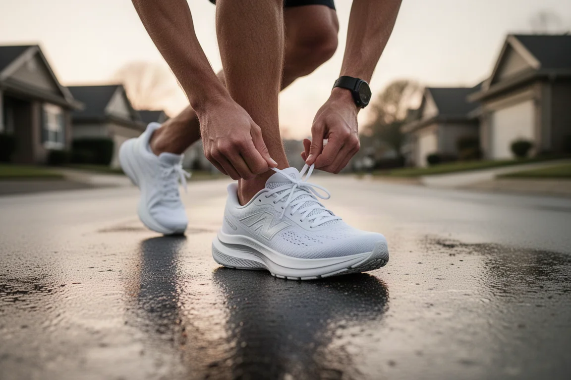 Runner's feet lacing up a white cushioned running shoe on a quiet street at dawn