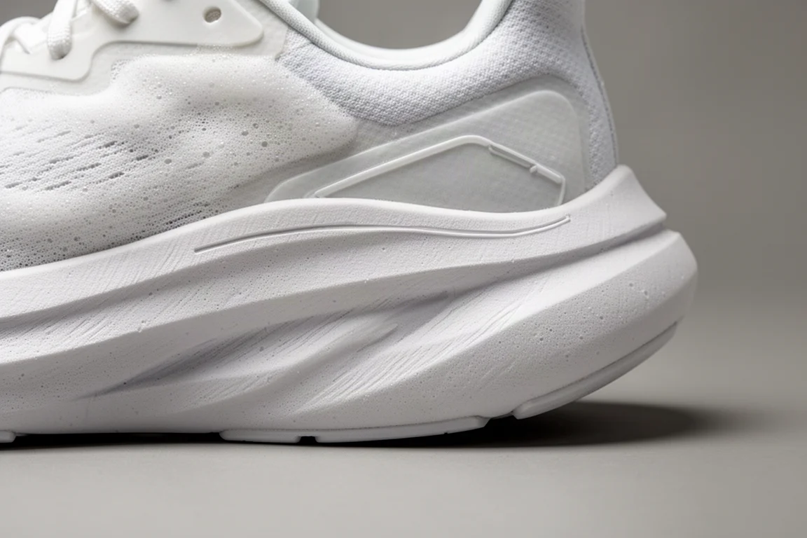 Close-up of a thick white foam midsole showing the rounded rockered geometry