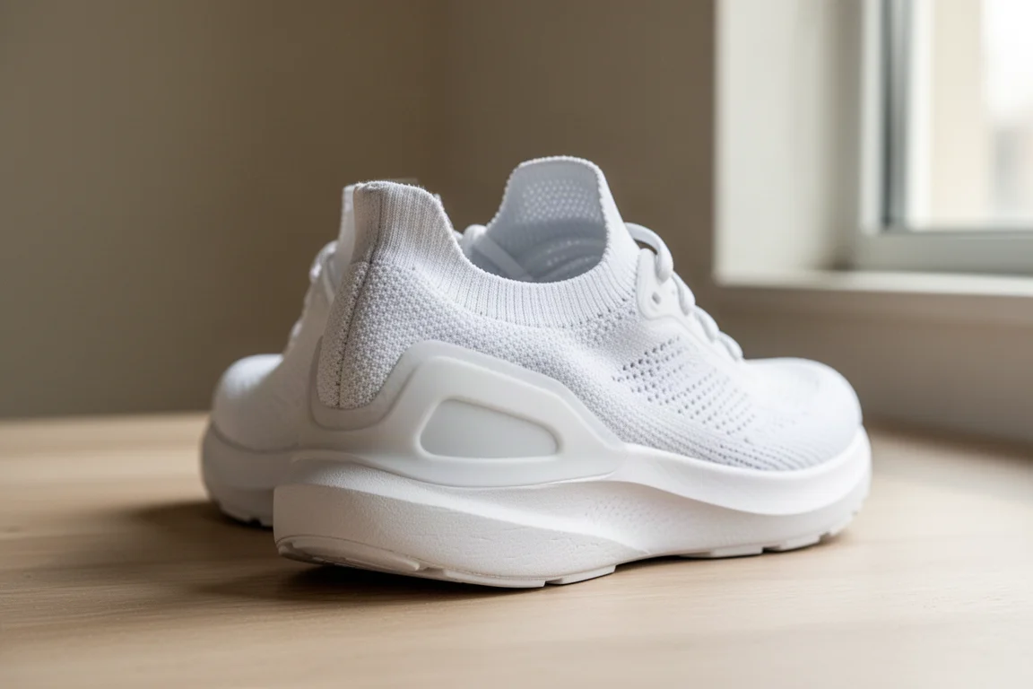 Rear view of a running shoe heel showing a soft stretchy upper collar
