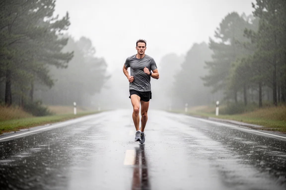 Runner finishing a long easy run on a rain-soaked road under overcast skies