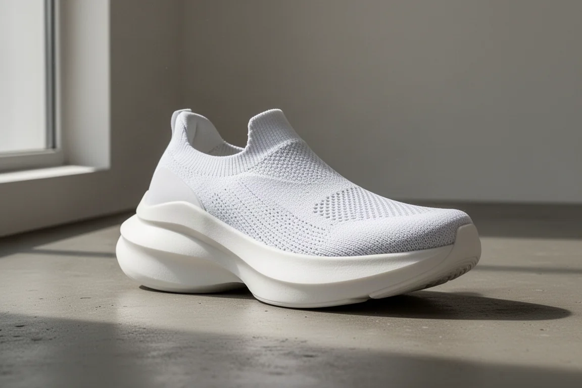 White Mizuno Neo Zen running shoe with thick midsole on concrete surface