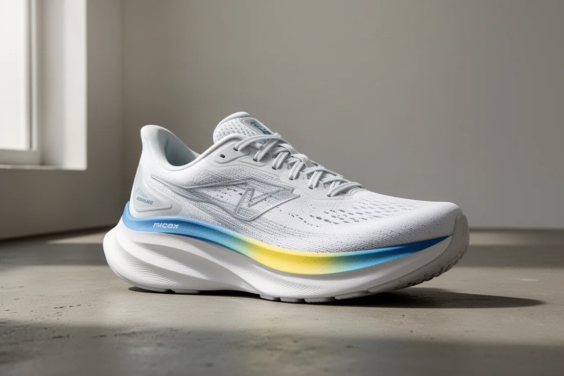 Chaussure de running blanche Mizuno Neo Zen 2 avec une semelle intermédiaire en mousse haute sur du béton