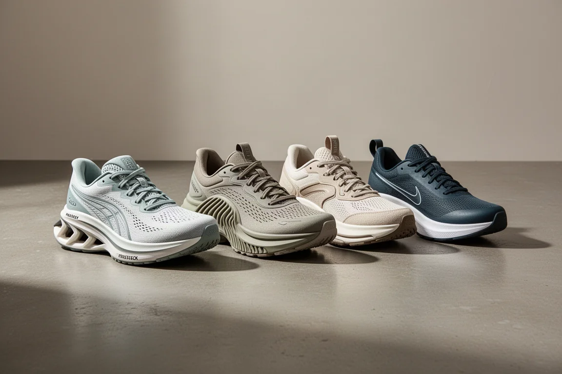 Quatre chaussures de running polyvalentes alignées sur un sol en béton de studio