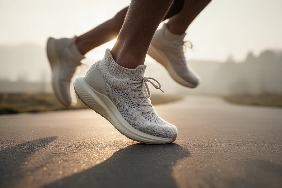 Runner stepping onto a paved path in soft morning light with cushioned running shoes