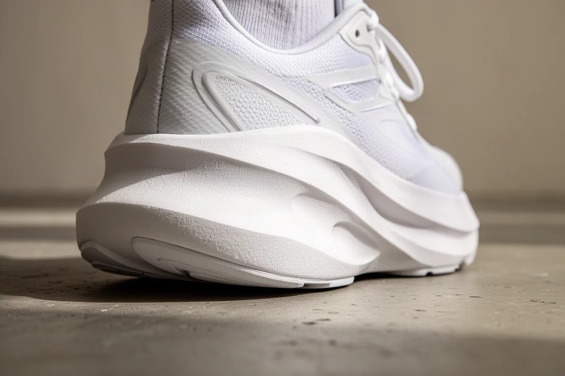Detail of thick white foam midsole on a modern running shoe compressing under weight