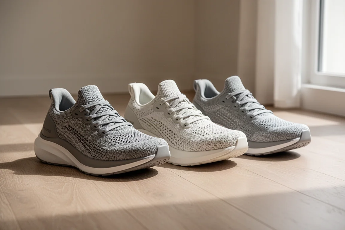 Three cushioned running shoes arranged side by side on a wooden floor