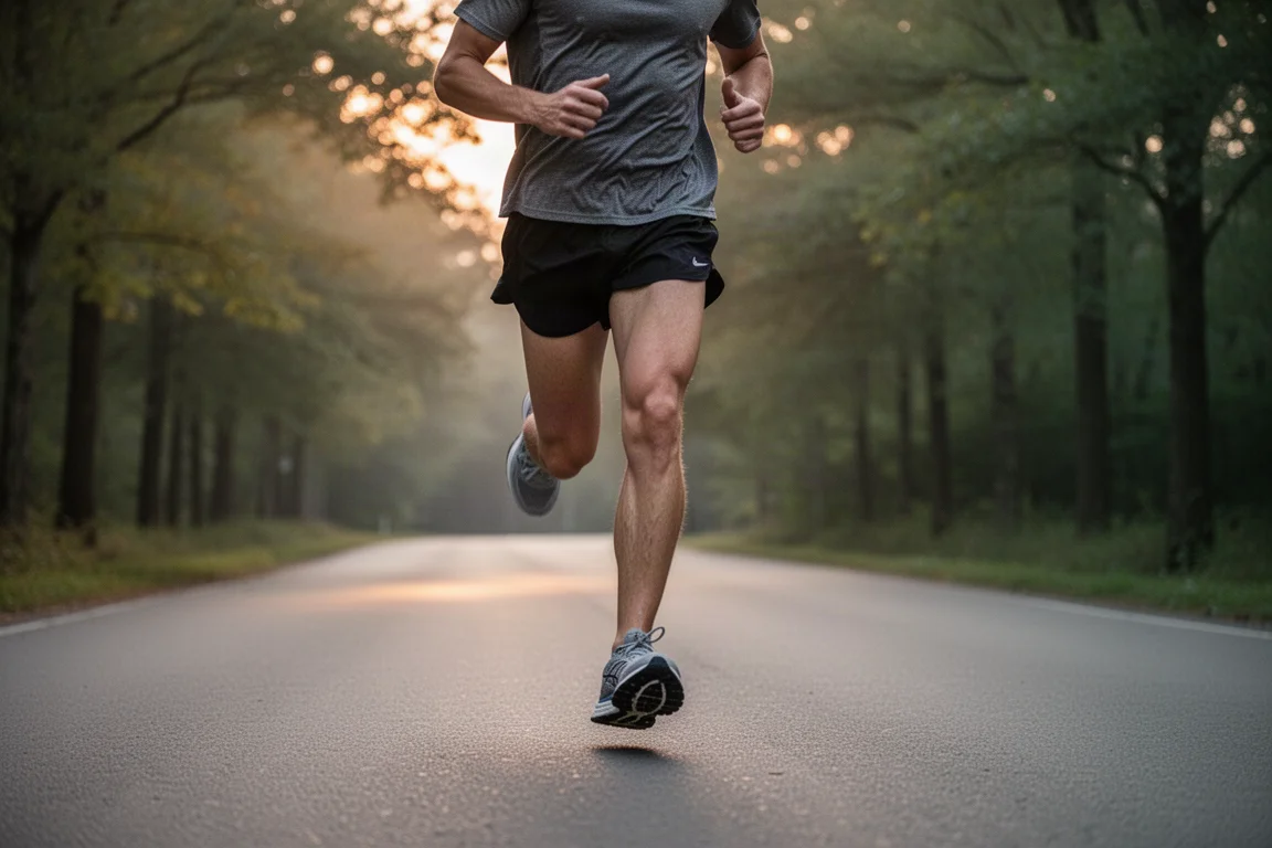 Runner jogging at an easy pace along a quiet tree-lined road in the evening