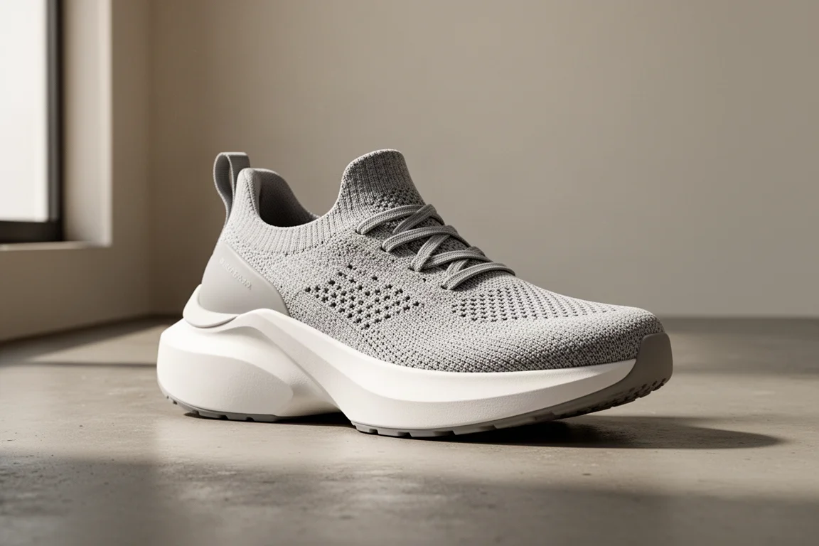Mizuno Neo Zen running shoe with thick white midsole and grey knit upper on concrete