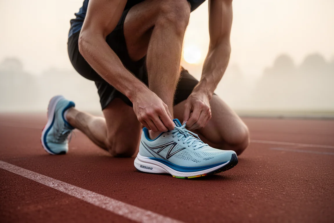 Hardloper strikt een lichte racebook op een atletiekbaan in zacht ochtendlicht
