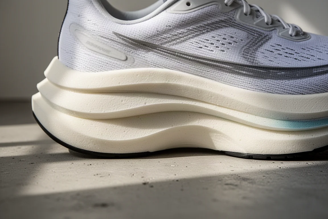 Close-up van een dikke tweekleurige racemidsole met dubbel foam op een betonnen ondergrond