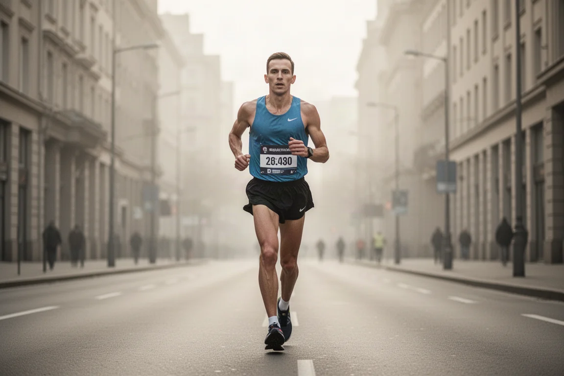 Marathonloper houdt een gelijkmatig tempo aan op een stadsstraat in vroege ochtendlicht