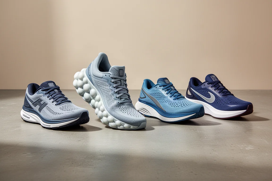 Four Mizuno road running shoes arranged in a row on a concrete surface