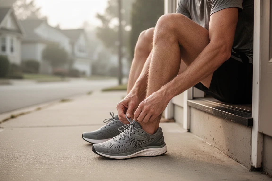 Runner lacing up a pair of everyday running shoes on a doorstep in soft morning light