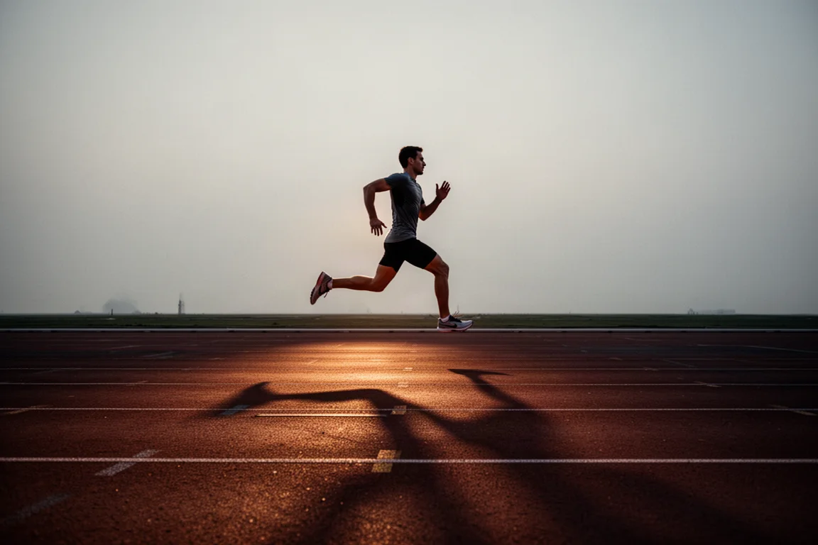 Runner moving through a tempo session on an empty track at dusk