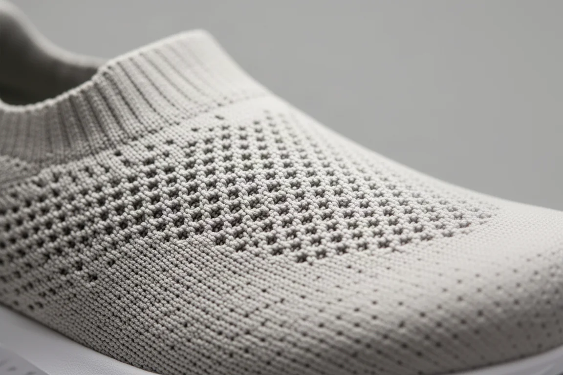 Close-up of a knit running shoe upper showing its soft textured material