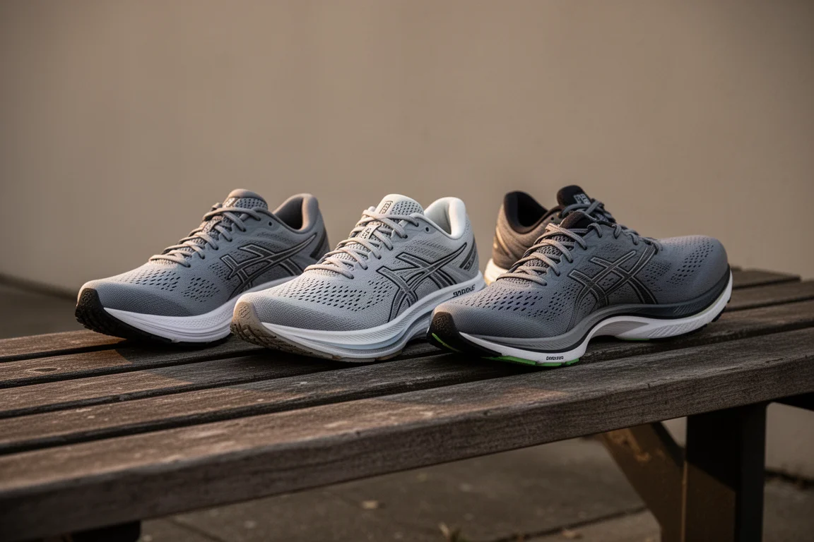 Three running shoes side by side on a wooden bench in soft evening light