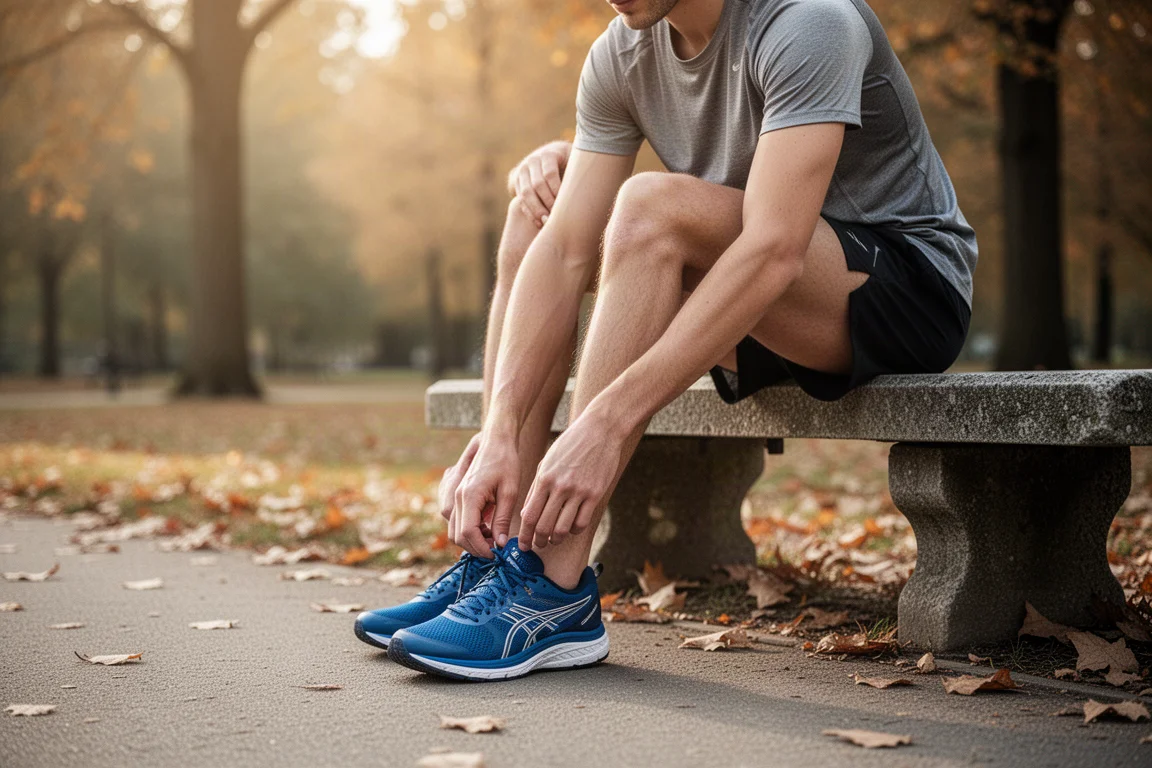 Podista che si allunga accanto a una panchina del parco prima di una corsa facile