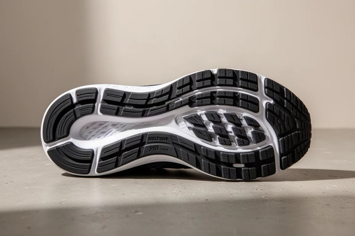 Suola esterna di una scarpa da running che mostra un'ampia copertura in gomma