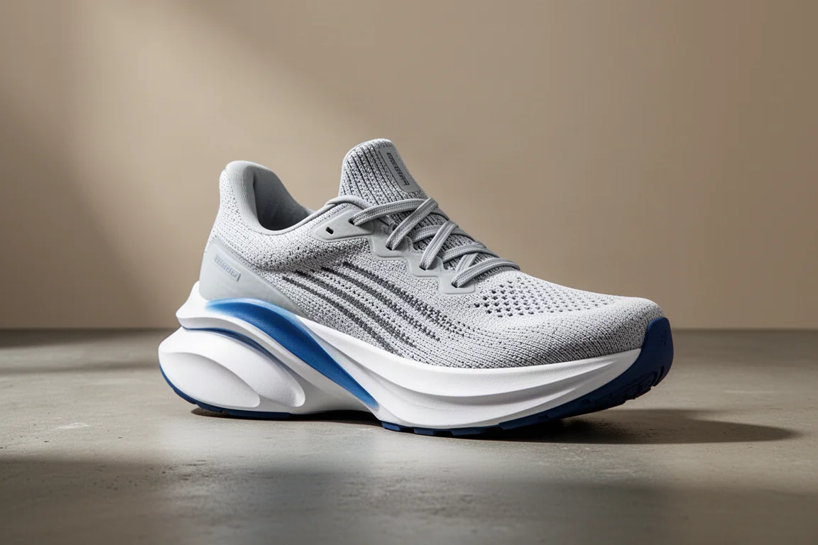 Mizuno Sky Prime running shoe with thick midsole on concrete surface