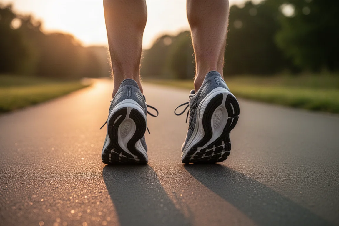 Piedi di un runner con scarpe a ammortizzazione massima su un viale asfaltato al tramonto