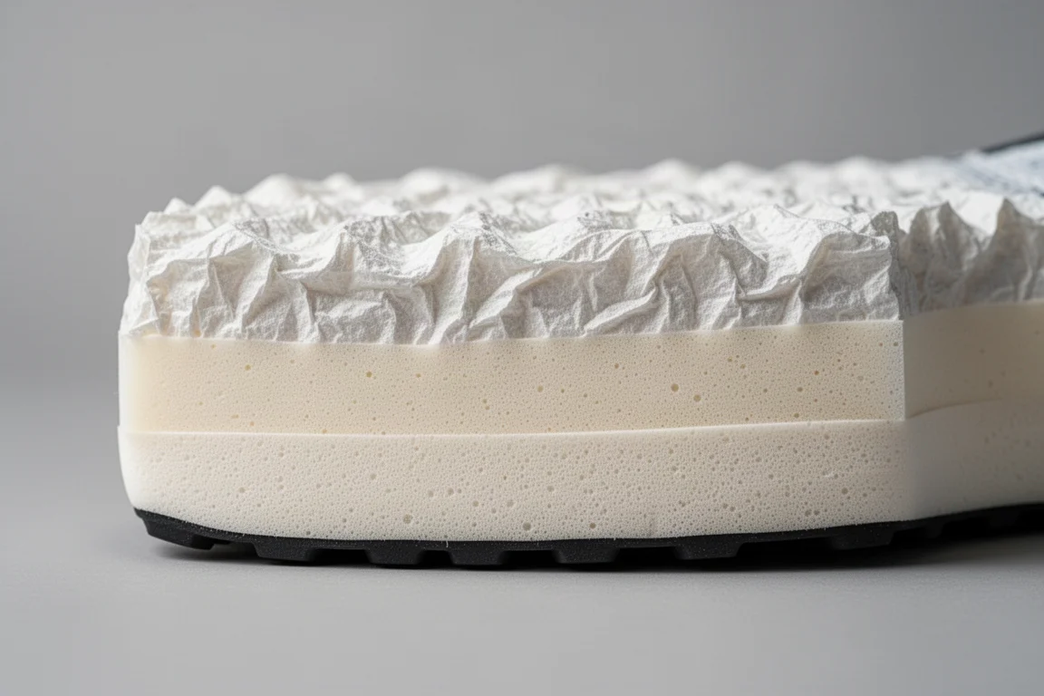 Primo piano della intersuola dual-foam a strati di una scarpa da corsa con texture della schiuma