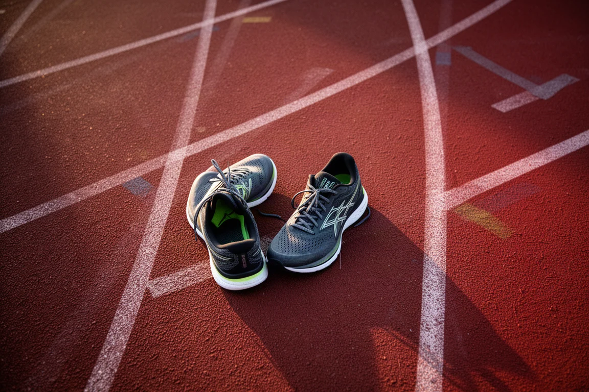 Due scarpe da corsa affiancate su una corsia durante una corsa serale leggera