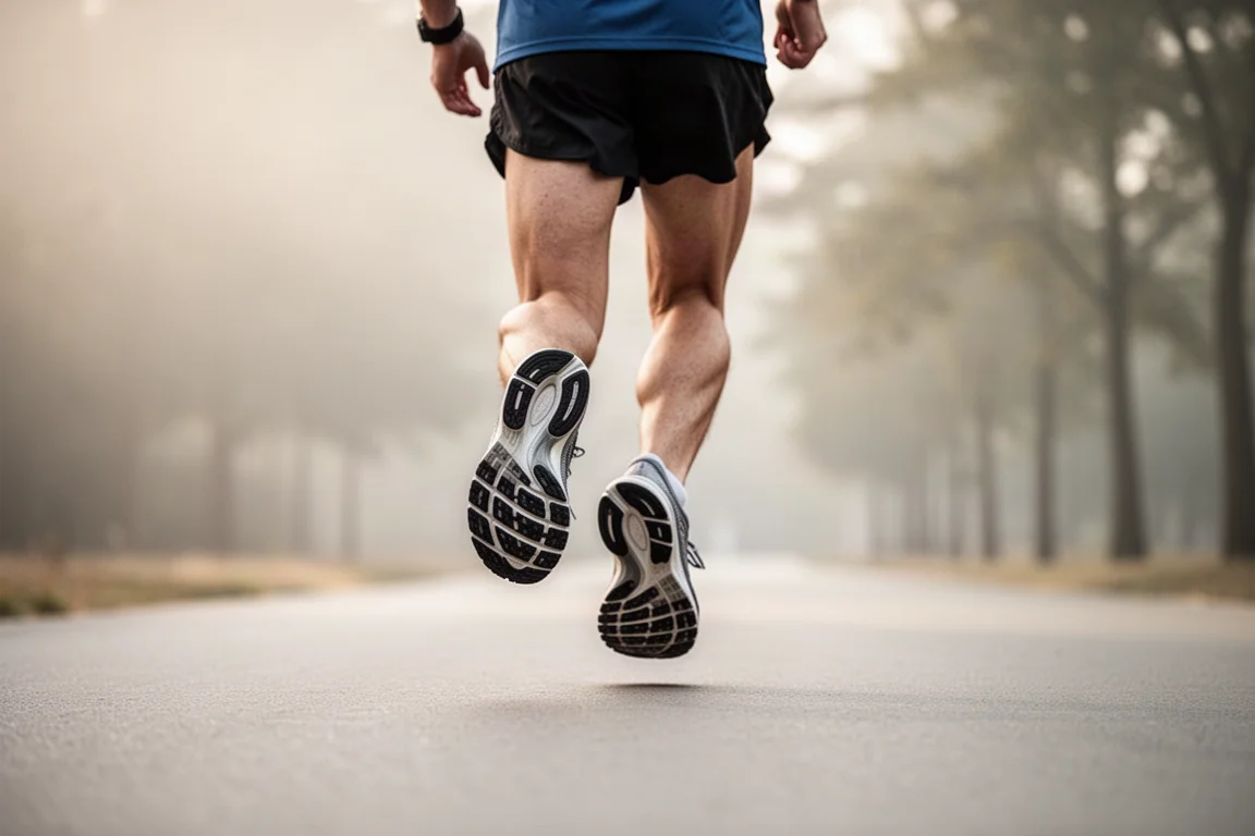 Runner taking easy morning miles on smooth pavement in cushioned stability shoes