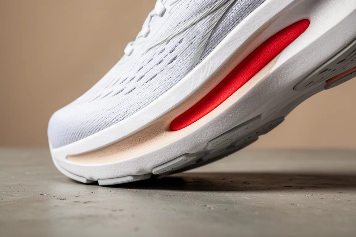 Close-up of a layered running shoe midsole showing a soft inner core