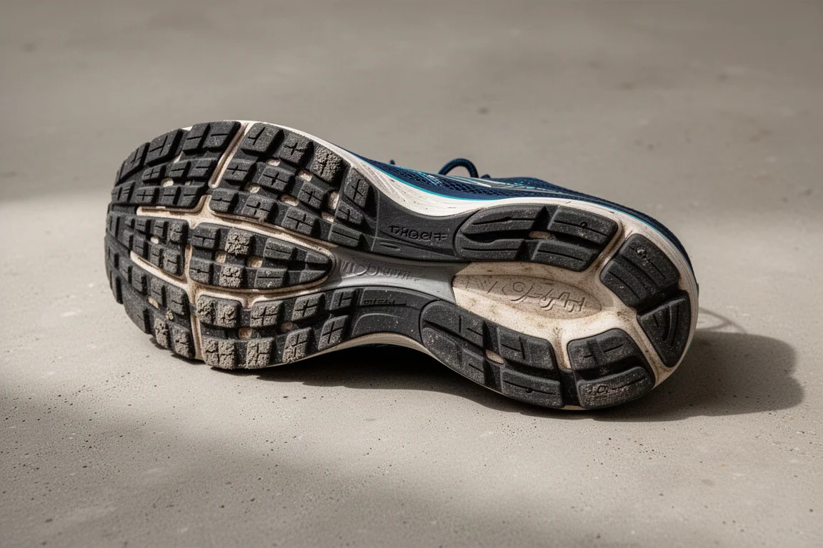 Durable outsole of a running shoe with thick rubber showing minimal wear