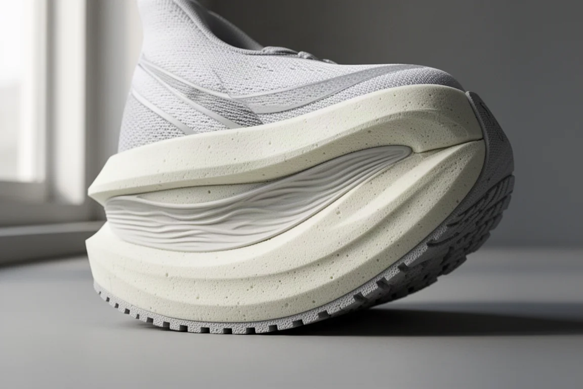 Close-up van de tussenzool van een stabiliteitsschoen met de structuur van het wave plate