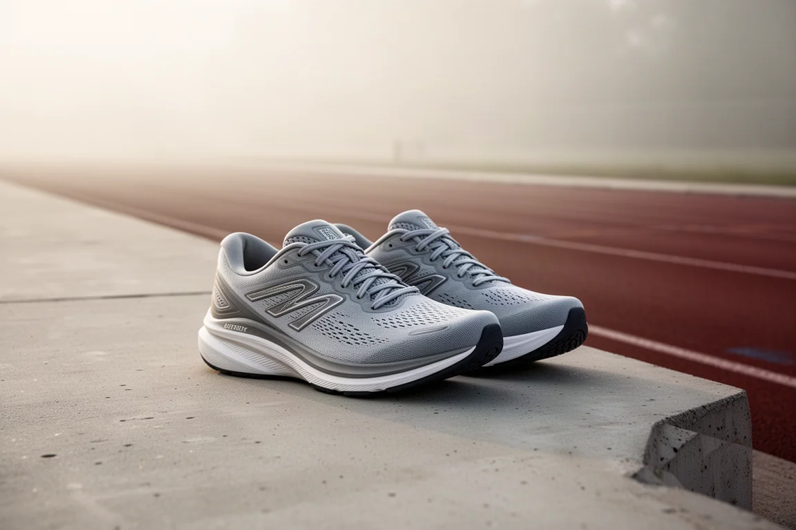 Par de zapatillas de running de estabilidad sobre concreto junto a una pista de atletismo