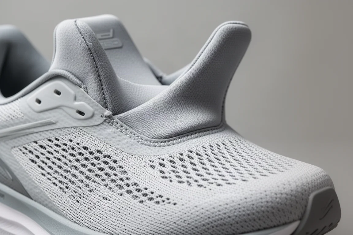 Primer plano del corte superior de una zapatilla de running que muestra el volumen del antepié y la malla