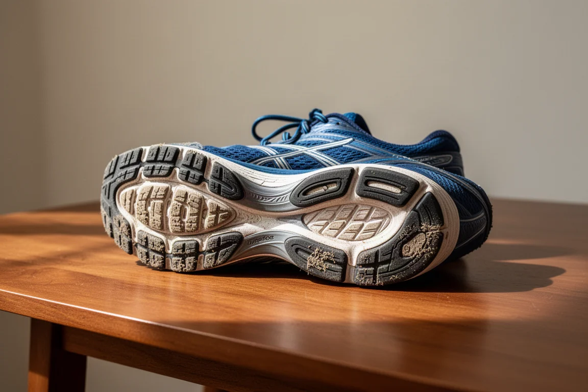 Suela exterior de una zapatilla de running desgastada sobre una mesa de madera