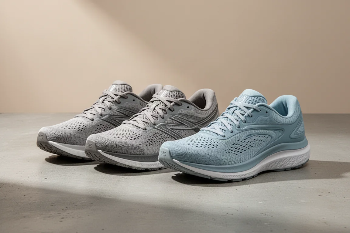 Two pairs of Mizuno stability running shoes side by side on concrete