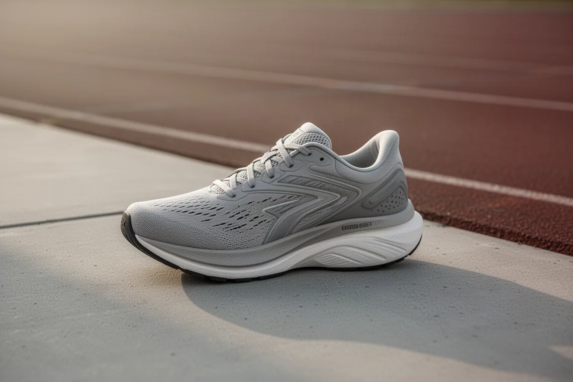 Mizuno Wave Inspire 20 running shoe resting on a concrete track surface