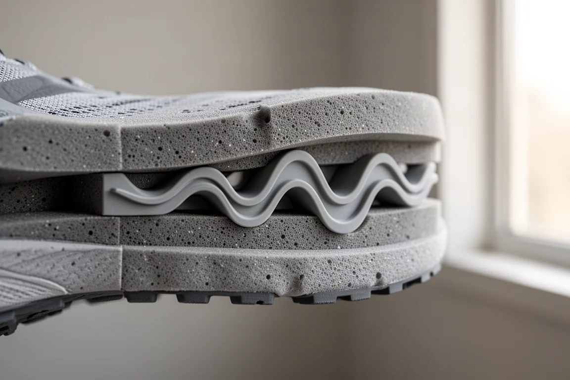 Close-up of a running shoe midsole showing a wave-shaped stability plate