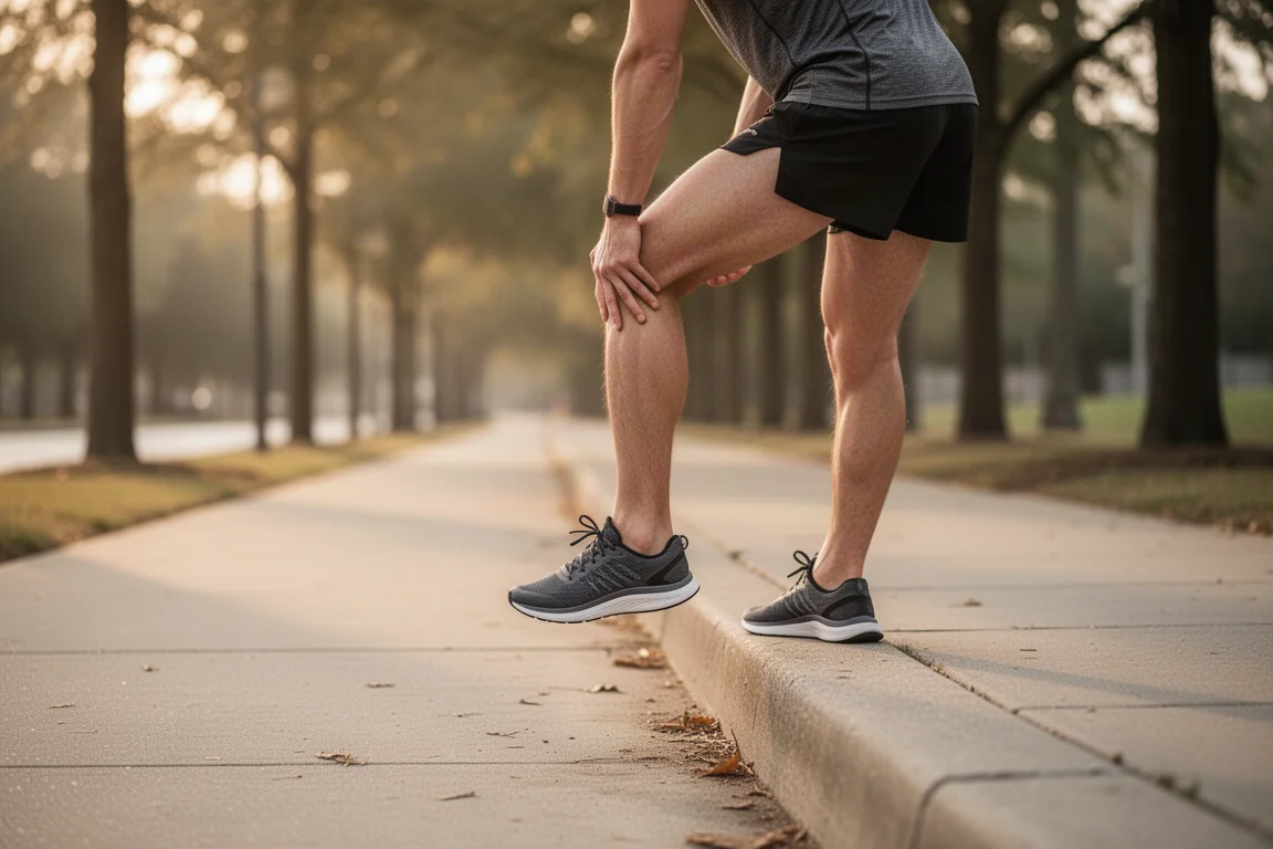 Runner stretching calves on a curb before an easy run