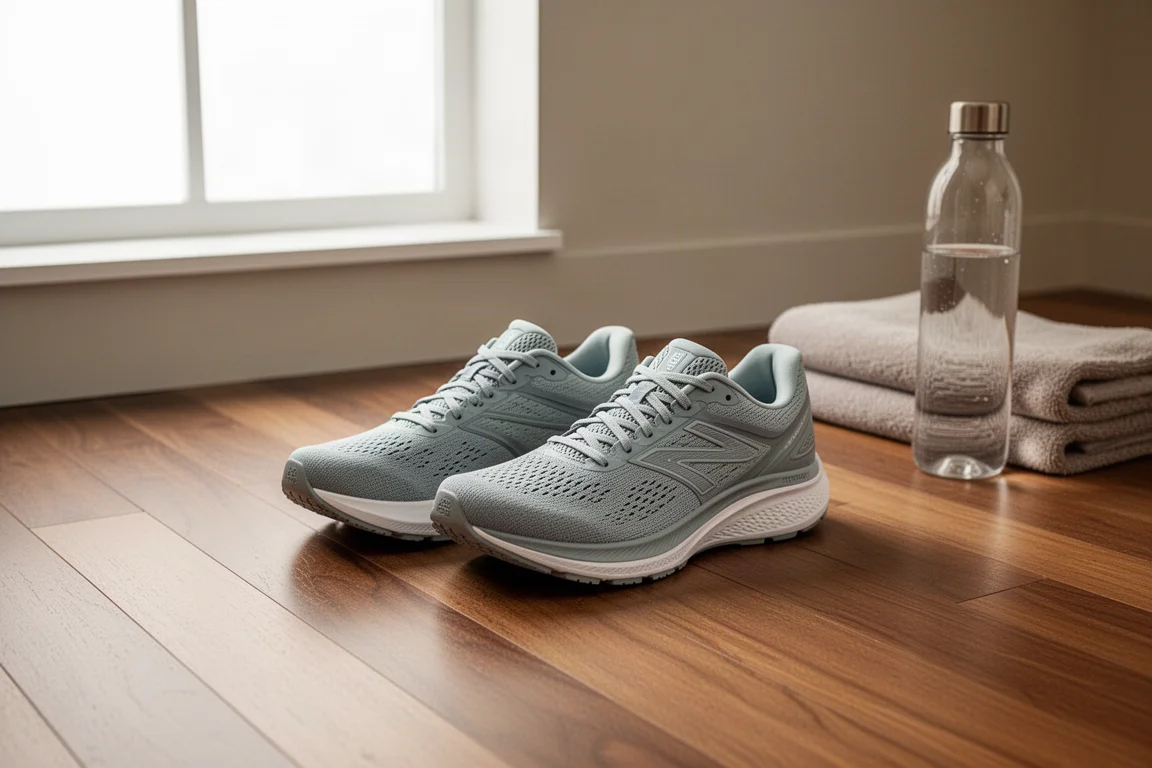 Pair of running shoes side by side on a wooden floor at home