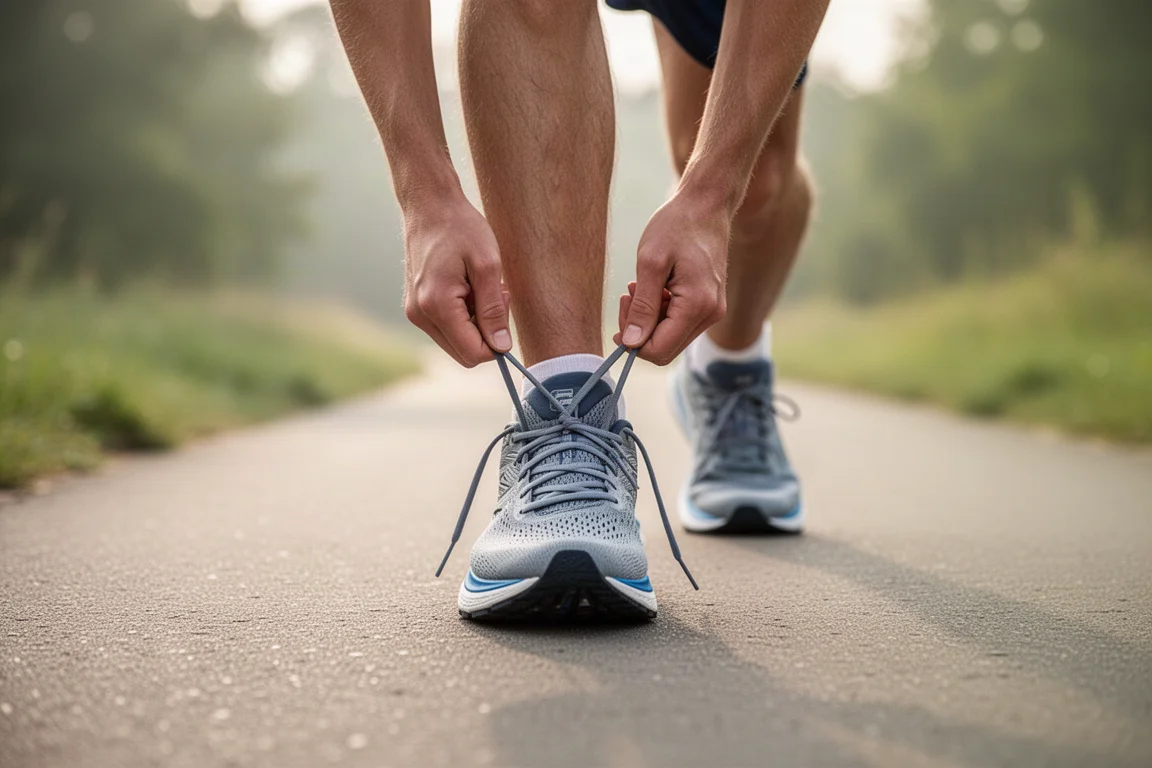 Läufer schnürt einen Laufschuh auf einem ruhigen Asphaltweg im sanften Morgenlicht